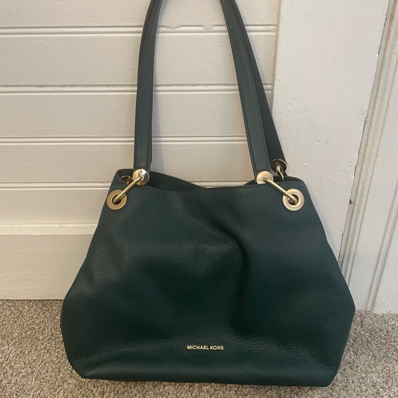 NWT MICHAEL KORS RAVEN GREEN LEATHER LARGE SHOULDER TOTE BAG - Picture 1 of 12